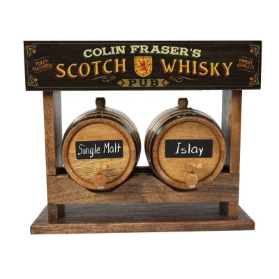 Personalized Scotch Whisky Pub Double Barrel Racking System with Two American White Oak Barrels with Chalkboard Front