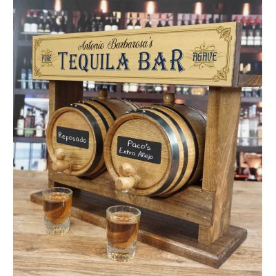 Personalized Tequila Bar Double Barrel Racking System with Two American White Oak Barrels with Chalkboard Front