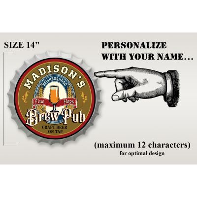 Personalized Hops Brew Pub Bottle Cap Sign