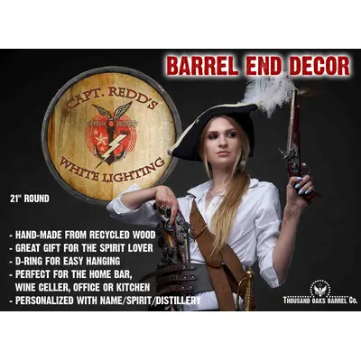 Custom moonshine quarter barrel sign specs with pirate woman