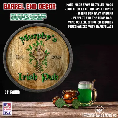 Personalized Irish pub quarter barrel sign with product features and benefits text