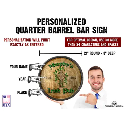 Quarter barrel sign showing customizable name and established year placement