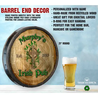 21 inch round personalized quarter barrel sign with depth and measurement details