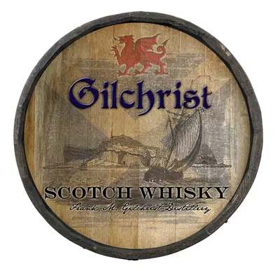 Handmade 21 inch round Gilchrist Scotch Whisky quarter barrel sign with rustic wood finish