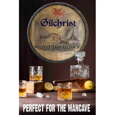 Scotch Distillery Quarter Barrel (C15) on wall with whiskey bottles