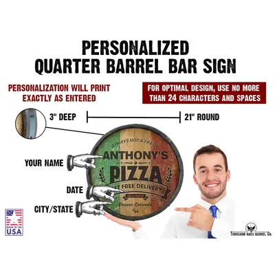Personalized quarter barrel pizza sign 20 inch round with Italian flag background and custom name personalization map