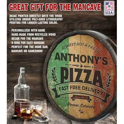 Personalized pizza barrel sign displayed in game room bar with product printing specs