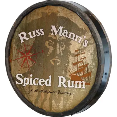 Russ Mann’s Spiced Rum handmade 20–21 inch quarter barrel sign showing 3D depth and wooden barrel rim detail.