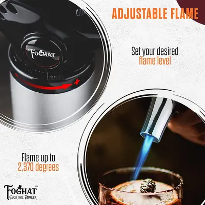 Close-up of Foghat Culinary Torch adjustable flame control dial with blue jet flame reaching up to 2500 degrees Fahrenheit