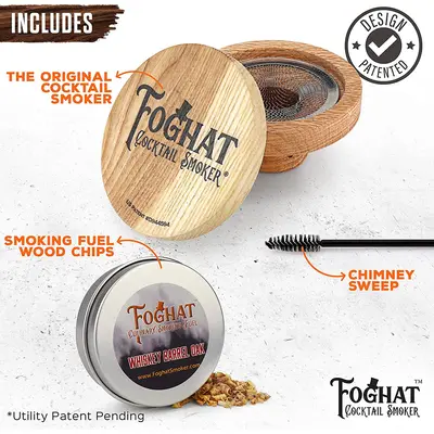 Foghat Cocktail Smoker kit components including oak smoker lid, stainless steel mesh insert, whiskey barrel oak smoking chips, and chimney cleaning brush.
