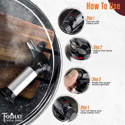 Foghat Culinary Torch step-by-step instructions showing safety lock, flame adjustment, ignition button, and shutdown process