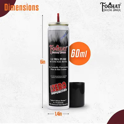 Foghat Culinary Butane 60ml canister with 6-inch height and 1.4-inch width dimensions displayed