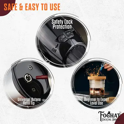 Foghat Culinary Torch safety lock protection and universal butane refill tip diagram for safe and easy kitchen use