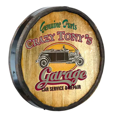 Angled profile of custom wooden garage barrel end sign showing 3 inch dimensional depth and rustic wood rim.