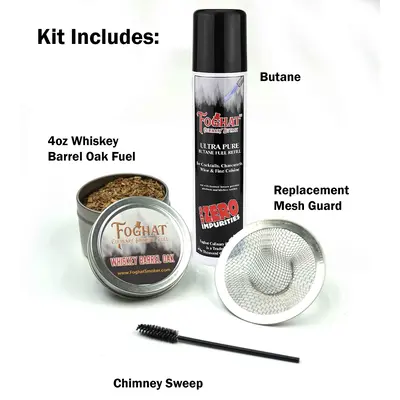 Foghat Cocktail Smoker Refill Kit with whiskey barrel oak smoking fuel tin, ultra pure butane canister, stainless steel replacement mesh guard, and chimney sweep cleaning brush on white background.