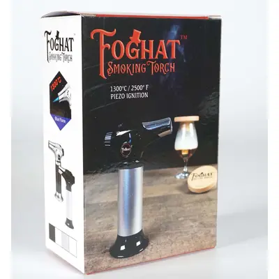 Foghat Smoking Torch retail packaging box showing 1300°C / 2500°F piezo ignition culinary torch branding