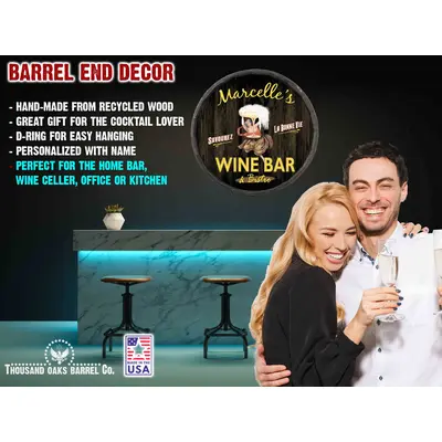 Handmade quarter barrel wine bar sign with Marcelle’s Wine Bar & Bistro design on wood barrel end specs