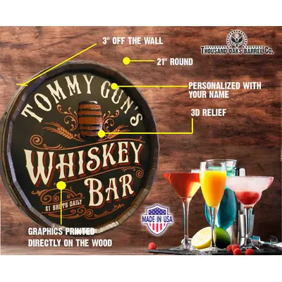 Whiskey Bar quarter barrel on brick wall with specs