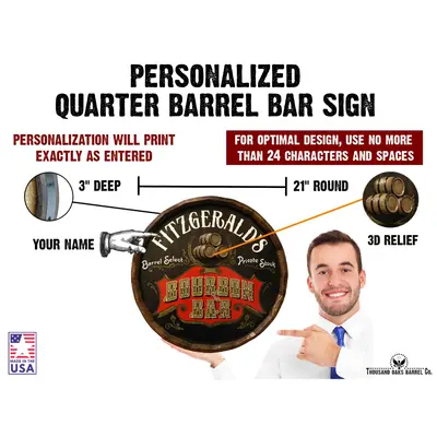 Close-up of Fitzgerald’s Bourbon Bar barrel end sign highlighting 3D relief barrels and handcrafted wood construction personalization map