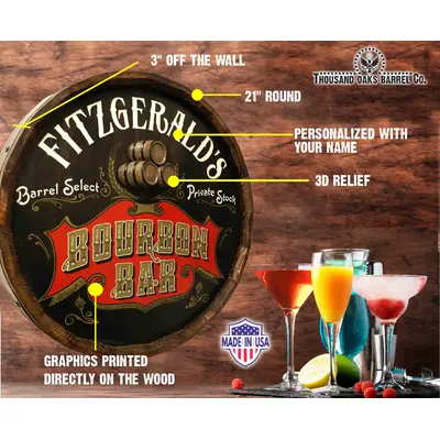 Bourbon Bar barrel end sign highlighting 3D relief barrels and handcrafted wood construction dimensions