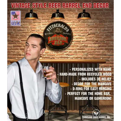 Bourbon Bar barrel end sign highlighting 3D relief barrels and handcrafted wood construction specs