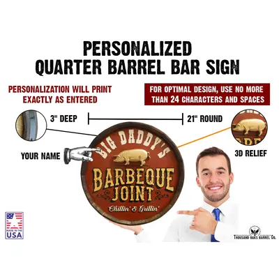 Personalized quarter barrel BBQ sign with raised 3D pig and vintage barbeque joint design personalization map