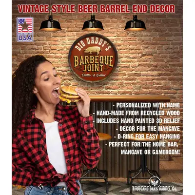 Personalized quarter barrel BBQ sign with raised 3D pig and vintage barbeque joint design barrel end specs