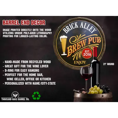 Brew pub quarter barrel wall sign displayed in bar setting with product specs