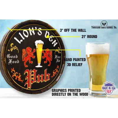 Handmade quarter barrel pub sign product call outs
