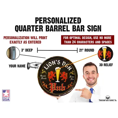 Handmade quarter barrel pub sign personalization options and specs