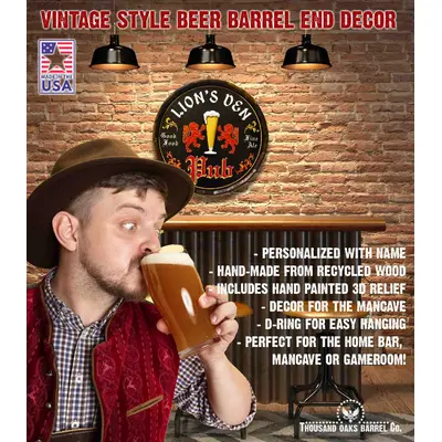 Handmade quarter barrel pub sign on brisk wall with product spec