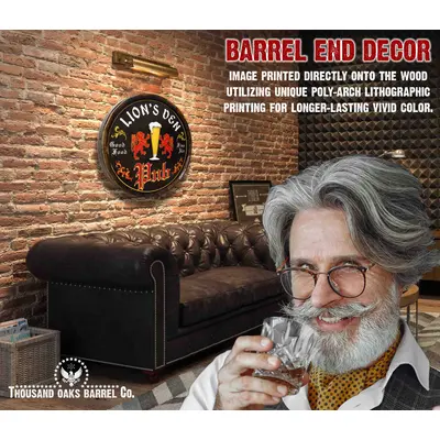 Handmade quarter barrel pub sign on brisk wall with product specs