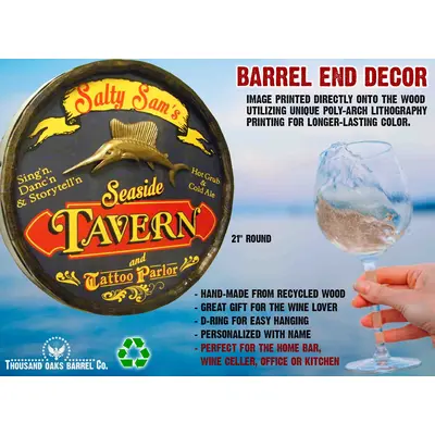 Angled side view of handmade quarter barrel tavern sign showing 3 inch depth and dimensional wood construction.