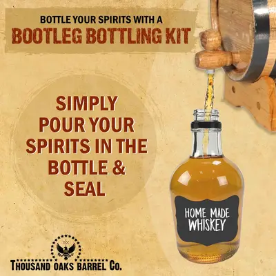 Bootleg Bottling Kit showing homemade whiskey being poured into bottle for sealing and gifting