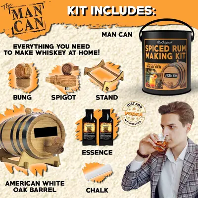 Man Can Spiced Rum Making Kit contents including American white oak barrel, bung, spigot, stand, rum essence packets, chalk, and gift can packaging.