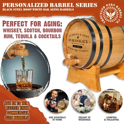 Mini oak aging barrel ideal for whiskey, bourbon, rum, tequila and barrel aged cocktails 8 to 10 times faster than commercial barrels.