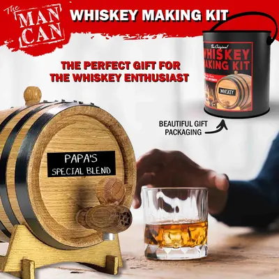 Man Can Whiskey Making Kit featuring oak barrel labeled Papa’s Special Blend next to a whiskey glass, highlighting premium gift packaging for whiskey enthusiasts.