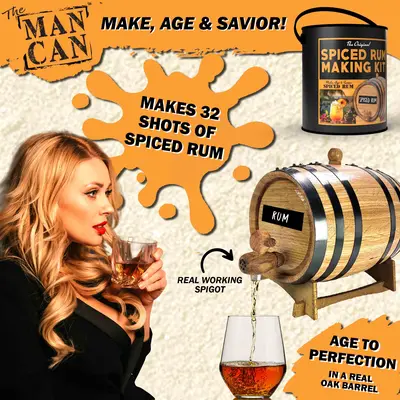 Man Can Spiced Rum Making Kit barrel pouring rum into glass highlighting real working spigot and ability to make 32 shots of spiced rum.
