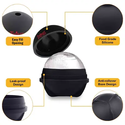 Foghat ice ball mold design showing easy fill opening, leak-proof seal, and anti-roll base