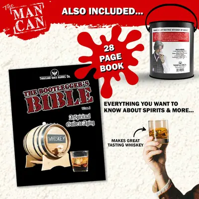 The Bootlegger’s Bible 28-page guide included in the Man Can Whiskey Making Kit, featuring barrel aging instructions and bourbon recipes.
