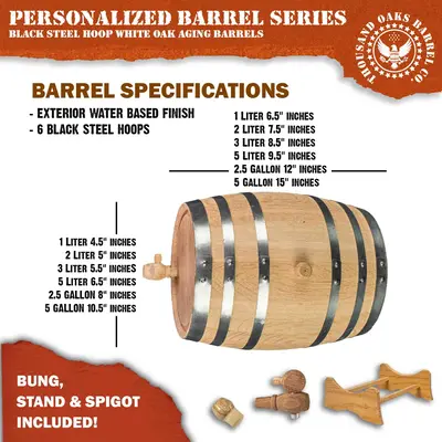 Mini American white oak aging barrel specifications and dimensions chart showing sizes from 1 liter to 5 gallons with black steel hoops.