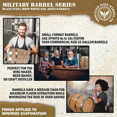 Mini oak Army barrel aging bourbon and whiskey 8x faster than commercial barrels for home distilling and cocktail infusion.