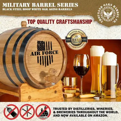 Air Force engraved mini whiskey barrel displayed as a personalized gift for veterans and active duty Air Force members.
