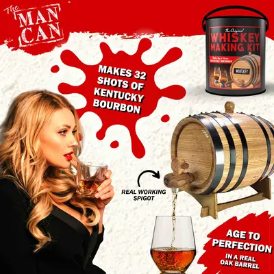 Man Can Whiskey Making Kit barrel pouring bourbon into glass, highlighting real working spigot and ability to make 32 shots of Kentucky bourbon.