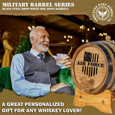 Made in USA Air Force engraved American white oak mini aging barrel with exterior finish and black steel hoops.
