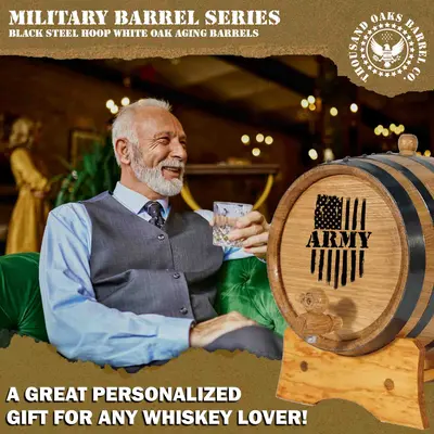 Personalized Army whiskey aging barrel displayed as a unique gift for veterans, active duty soldiers, and whiskey lovers.