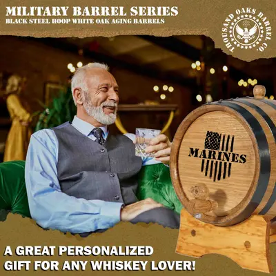 Personalized Marines engraved mini oak barrel displayed as unique gift for whiskey lovers and military supporters.