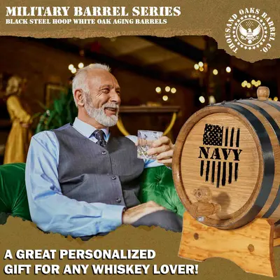 Navy engraved American white oak barrel designed for home whiskey aging, wine making and craft distilling.