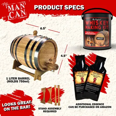 Product specifications of Man Can Whiskey Making Kit showing 1-liter American white oak barrel dimensions, stand assembly, and bourbon essence bottles.