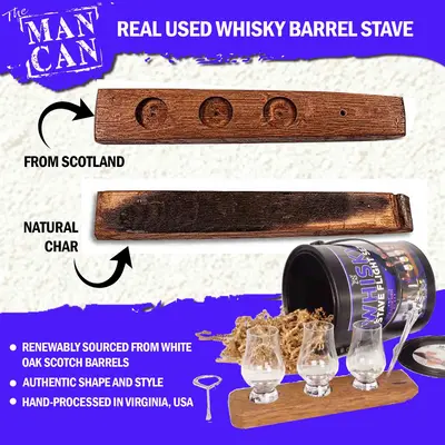 Real used Scotch whisky barrel stave with natural char and curvature used in Man Can Whiskey Flight Set.